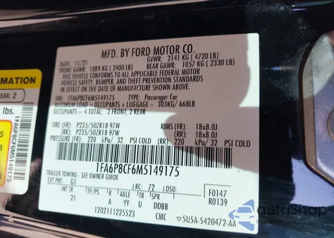 2021 Ford Mustang Gt Fastback from USA, damaged, VIN 1FA6P8CF6M5149175